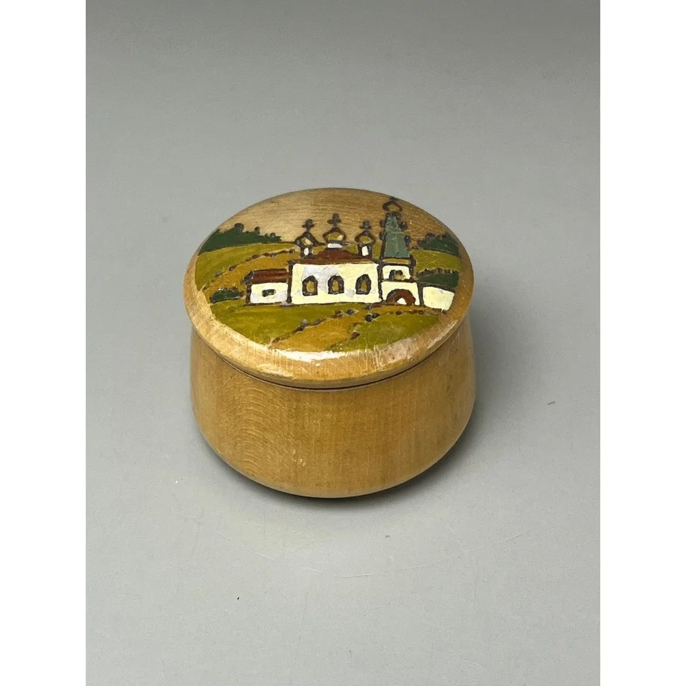 VTG USSR Wood Hand Painted Lidded Trinket Box 1.75